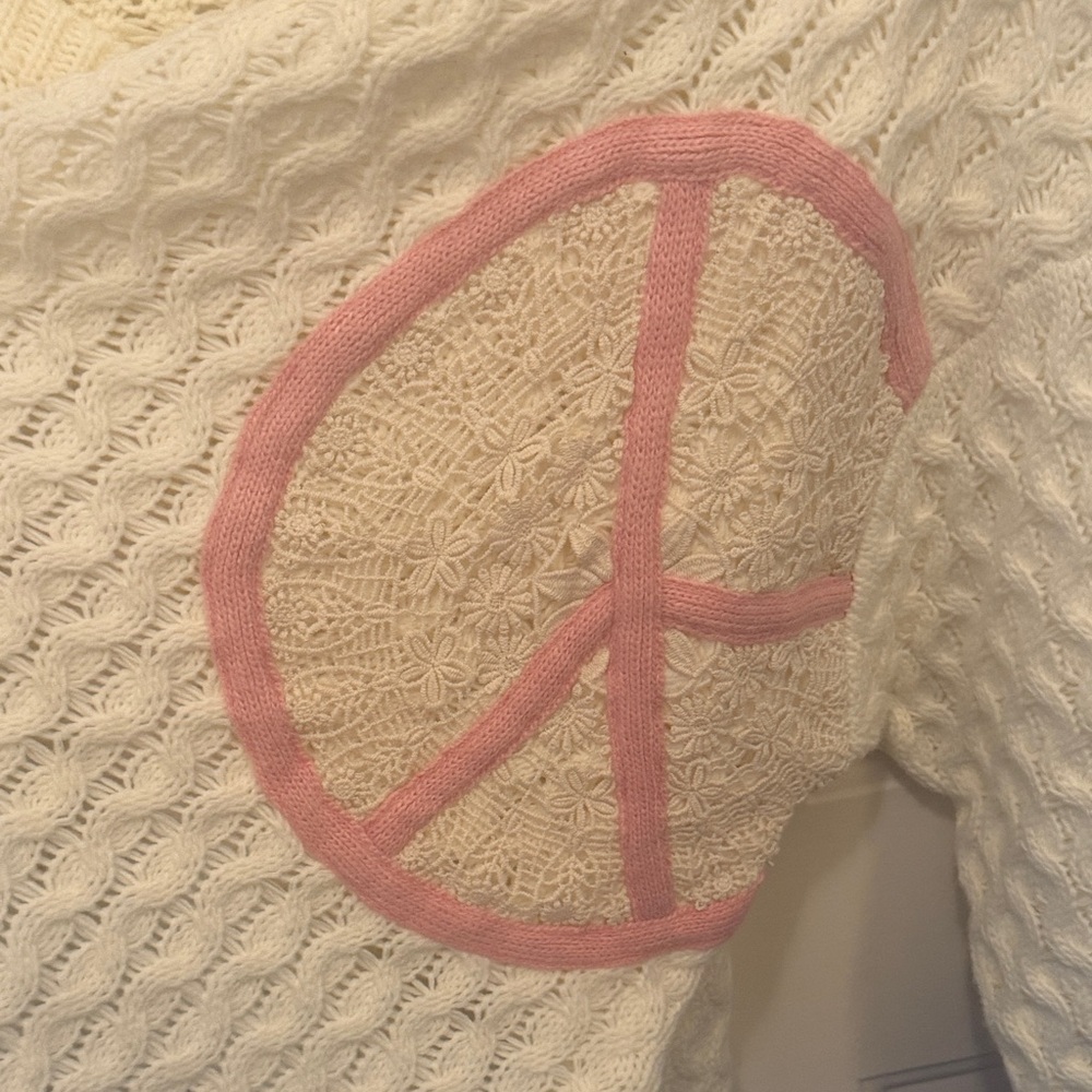POL Cream V-Neck Sweater with Pink Peace Sign - Picture 4 of 7